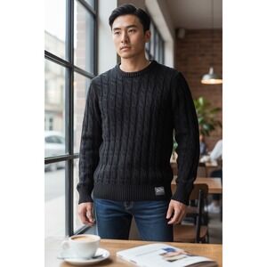 Superdry Sweater Men's Size M Black Cable Knit Crew Neck Pullover Casual vintage